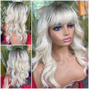 platinum blonde rooted wig bangs